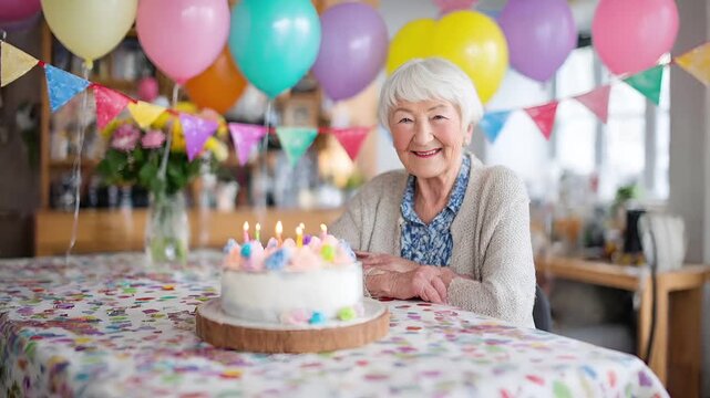 Birthday celebration theme for party event. An elderly woman seated at a table with a birthday cake adorned with lit candles, surrounded by colorful balloons, a flower vase, and decorative flags.