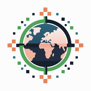 Stylized world map with pixel art compass points, symbolizing global direction, discovery, and digital networks