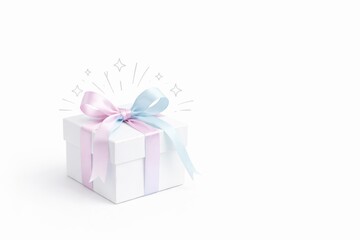 Obraz premium White gift box with pastel ribbon bow and hand-drawn sparkles, minimal holiday present