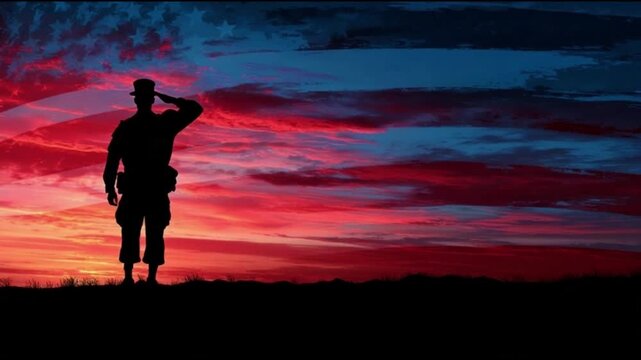 Soldier Silhouette Saluting in Front of a Waving American Flag at Sunset, Cinematic Patriotic Background with Realistic Clouds and Stars and Stripes for Memorial Day, Veterans Day, and July 4th 