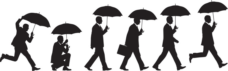 Black silhouette businessmen walking running with umbrella businessman holding briefcase kneeling tying shoe rushing business people rain weather motion sequence icons set