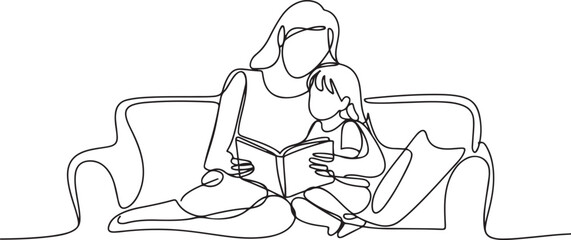 Single continuous line drawing young mother siting on sofa hugging her daughter and reading a storybook at home. Happy family parenting concept. one line Icon drawing