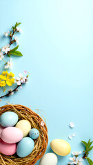 Osterhintergrund mit Eierkorb und Fr&uuml;hlingsbl&uuml;ten auf blauem Pastell