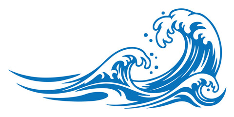 Fototapeta premium Stylized blue ocean wave vector illustration, traditional japanese inspired crashing sea water splash isolated on white