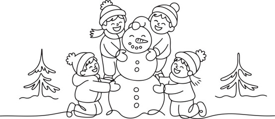 Fototapeta premium Single one line drawing happy children make snowman together. Snowy forest, little boys and girls in warm clothes, New Year's snowman. one line Icon drawing