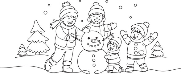 Fototapeta premium Single one line drawing happy children make snowman together. Snowy forest, little boys and girls in warm clothes, New Year's snowman. one line Icon drawing