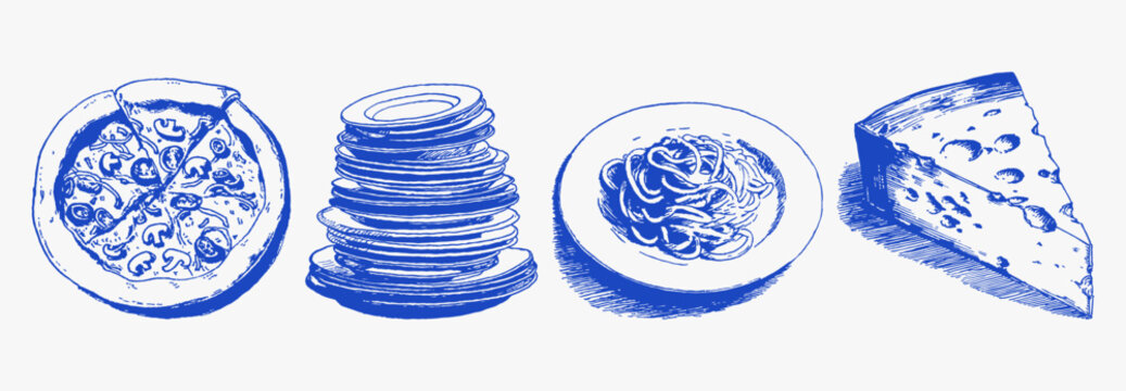 Pizza and pasta hand drawn ink line sketch. Mediterranean food set with gourmet cheese and stacked plates. vintage crayon elements for rustic italian kitchen and restaurant decor.