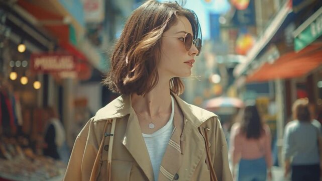 With poise, a stylish woman in trendy sunglasses and a casual light jacket strides through a vibrant marketplace teeming with colorful stalls and diverse people, projecting confidence