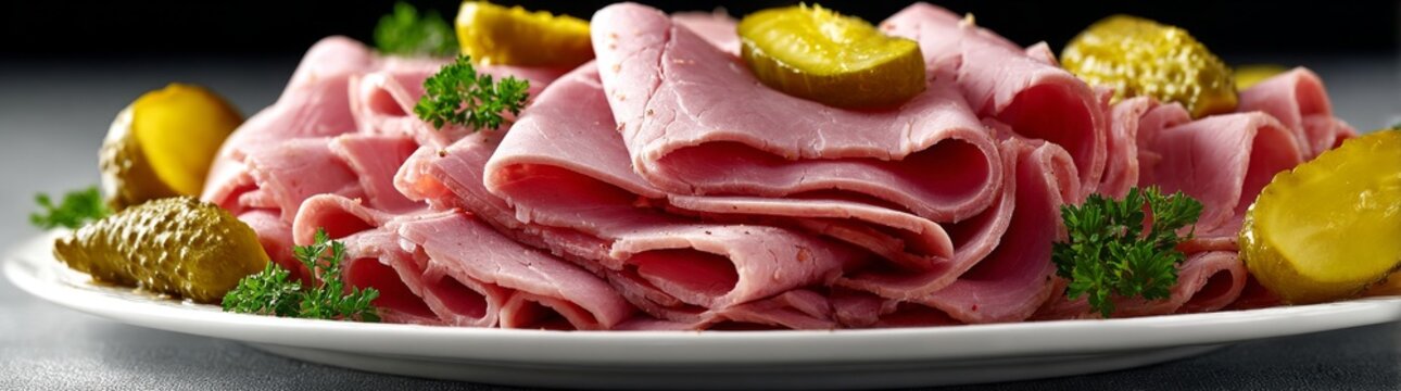 Plate of corned beef slices with pickles, deli meat, appetizer