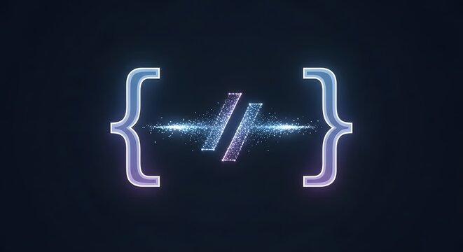 Glowing blue bracketed code symbol on dark background