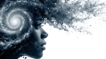 Fototapeta premium Space art depiction of a Cosmic Mind Woman, incorporating galaxy fill and universal elements