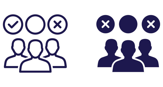 Group of human icons with positive and negative symbols representing customer satisfaction and choice