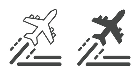 Obraz premium Minimalist airplane takeoff icons showing flight departure from a runway for travel design
