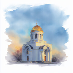 Obraz premium Golden dome church under blue sky with watercolor effect 