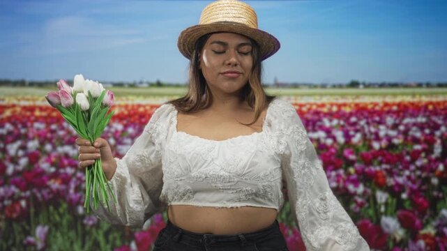 Woman holding a bouquet of tulips in a flower field wearing a straw hat and white lace crop top, hand grasping stems; serenity.