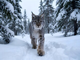 Northern Lynx walking in snowy boreal forest, wild cat winter nature