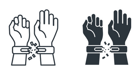 Fototapeta premium Minimalist icon set of hands with broken shackles symbolizing liberty release and rights