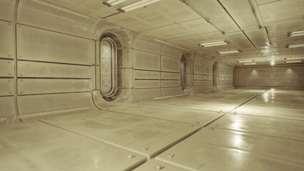 abandoned corridor interior with dim lighting and shadowed bulkhead, dusty floors and muted tones conveying eerie silence and derelict atmosphere © icetray