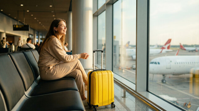 Woman with suitcase sitting by airport window waiting for flight, looking outside, travel anticipation, vacation mood, modern terminal scene.