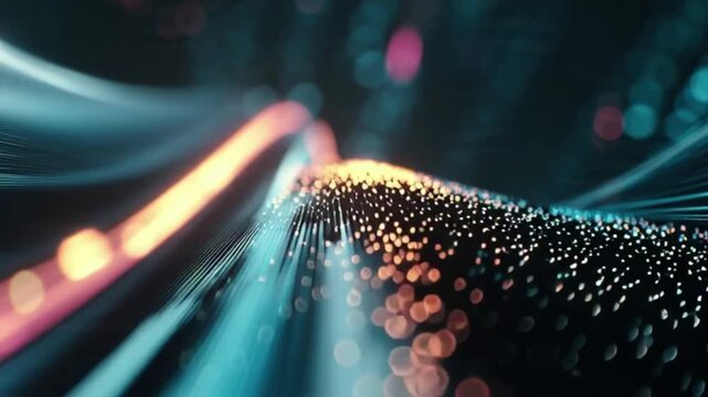 Abstract digital data stream with glowing particles and light trails, representing technology and connectivity