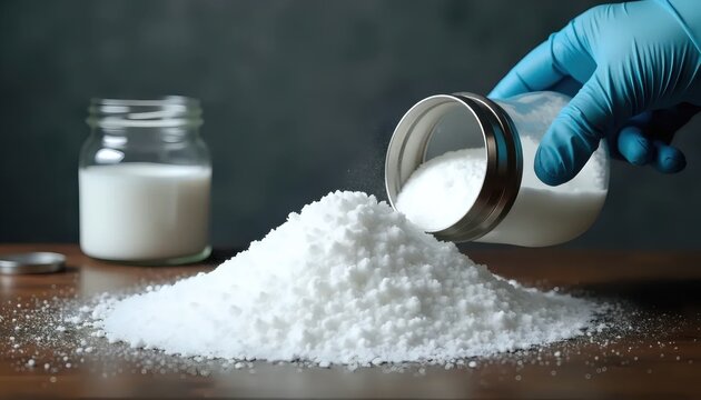 A person in a blue glove pouring sugar into a glass jar.