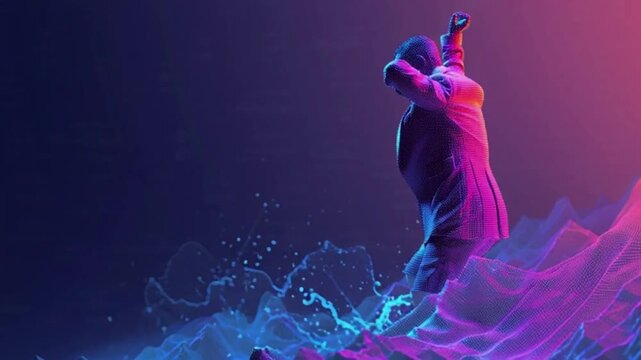 Dynamic figure immersed in a futuristic soundscape of glowing neon waves, expressing freedom and digital artistry with vibrant splashes of light and color