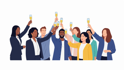 Obraz premium Diverse group of happy people celebrating success, raising champagne glasses with joyful expressions. Business people celebrating achievement and teamwork at corporate event or festive party.