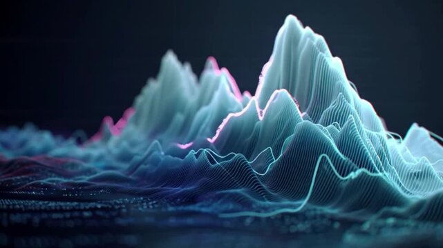 Futuristic abstract data visualization with glowing blue and pink waveform patterns resembling a digital soundscape, illustrating complex information analysis and technological innovation