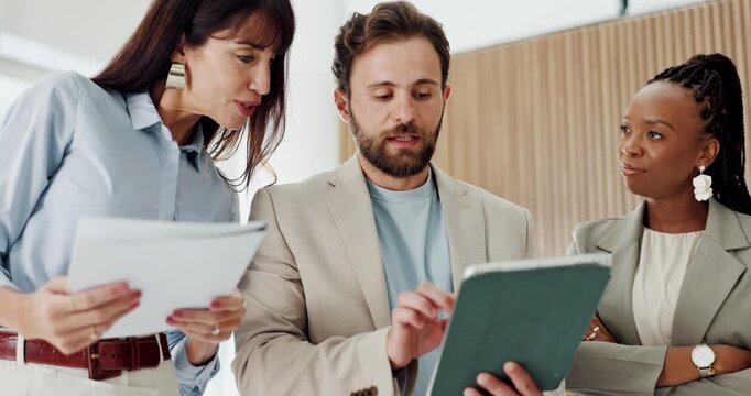 Tablet, document or business people with meeting in office, proposal review or discussion for investment. Trading project, talking or team with research for options, tech or explain risk for feedback