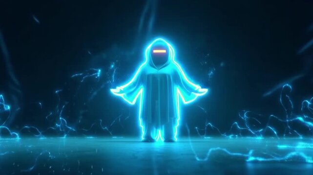 A powerful and enigmatic glowing blue entity in a hooded robe, radiating electric energy within a dark, digital cyberspace, embodying future technology or ancient mystic forces