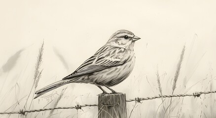 Yellowhammer pencil illustration standing on fence post image