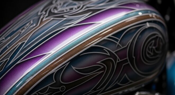 Vibrant purple and blue motorcycle tank with intricate silver designs