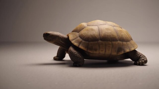 A slow-moving turtle walks across a plain surface in a studio video setting.
