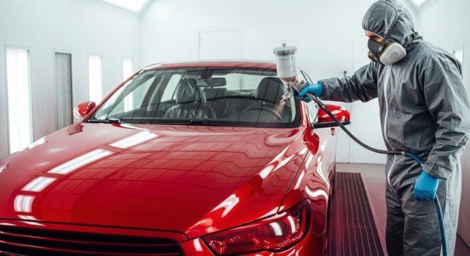 Professional auto body shop technician painting red car in modern spray booth