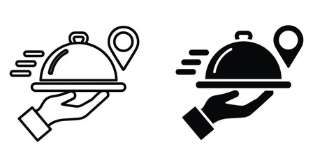 Fototapeta premium Black and white icons representing fast food delivery tracking with cloche and hand