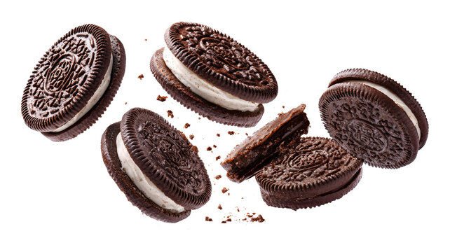 Chocolate sandwich cookies with cream filling falling isolated on a white background