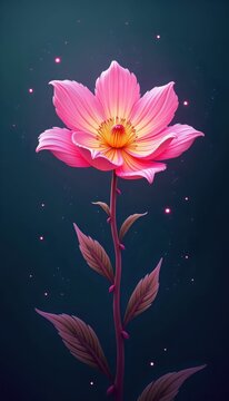 A pink flower with a yellow center on a dark blue background.