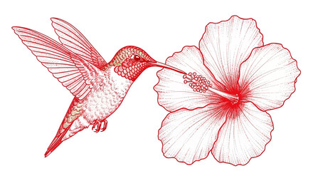 Hummingbird feeding from hibiscus flower in det.ailed line art illustration © Peopple