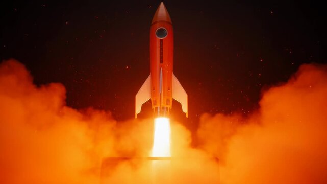 Slow zoom of a digital rocket launching from a laptop screen, symbolizing startup success.