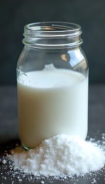 A glass jar filled with white sugar sitting on top of a table.