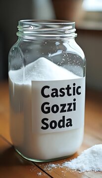 A glass jar filled with white sugar sitting on top of a wooden table.