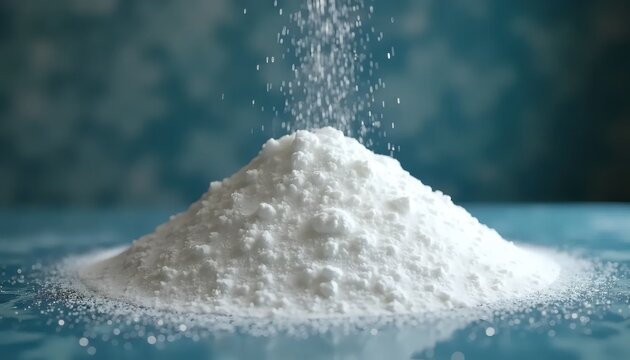 A pile of white powder is falling into a pool of water.