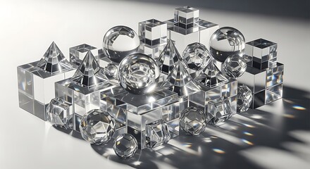 Captivating Arrangement of Geometric Glass Forms with Reflective Quality