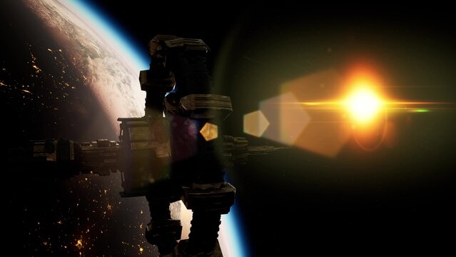 A breathtaking view captures a futuristic space station orbiting a distant planet. The glow of a distant sun illuminates the scene, offering a glimpse of cosmic exploration and adventure.