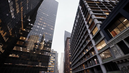 Obraz premium looking up between glass towers, narrow urban canyon of reflective skyscrapers and exposed balconies, warm office lights glowing through gridlike windows,