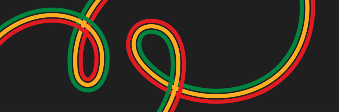Black History Month banner with dynamic wavy lines in Pan African flag colors. Juneteenth celebration background with vector curve doodle line pattern.