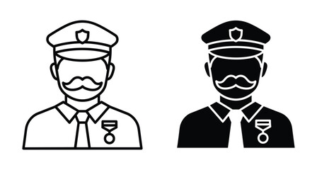 Obraz premium Professional law enforcement officer avatar icons featuring mustache uniform cap and medal decoration
