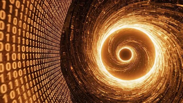 Abstract 3D render of a glowing golden data tunnel with binary code flowing on the left side, creating a dynamic visual representation of digital information and network speed.