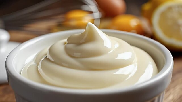 Close up of creamy mayonnaise in a white ceramic bowl on a wooden surface