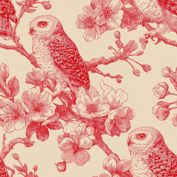 Seamless vintage toile pattern of red engraved owls perched on cherry blossom branches with delicate flowers on a cream background, flat top-down repeat for fabric or wallpaper.